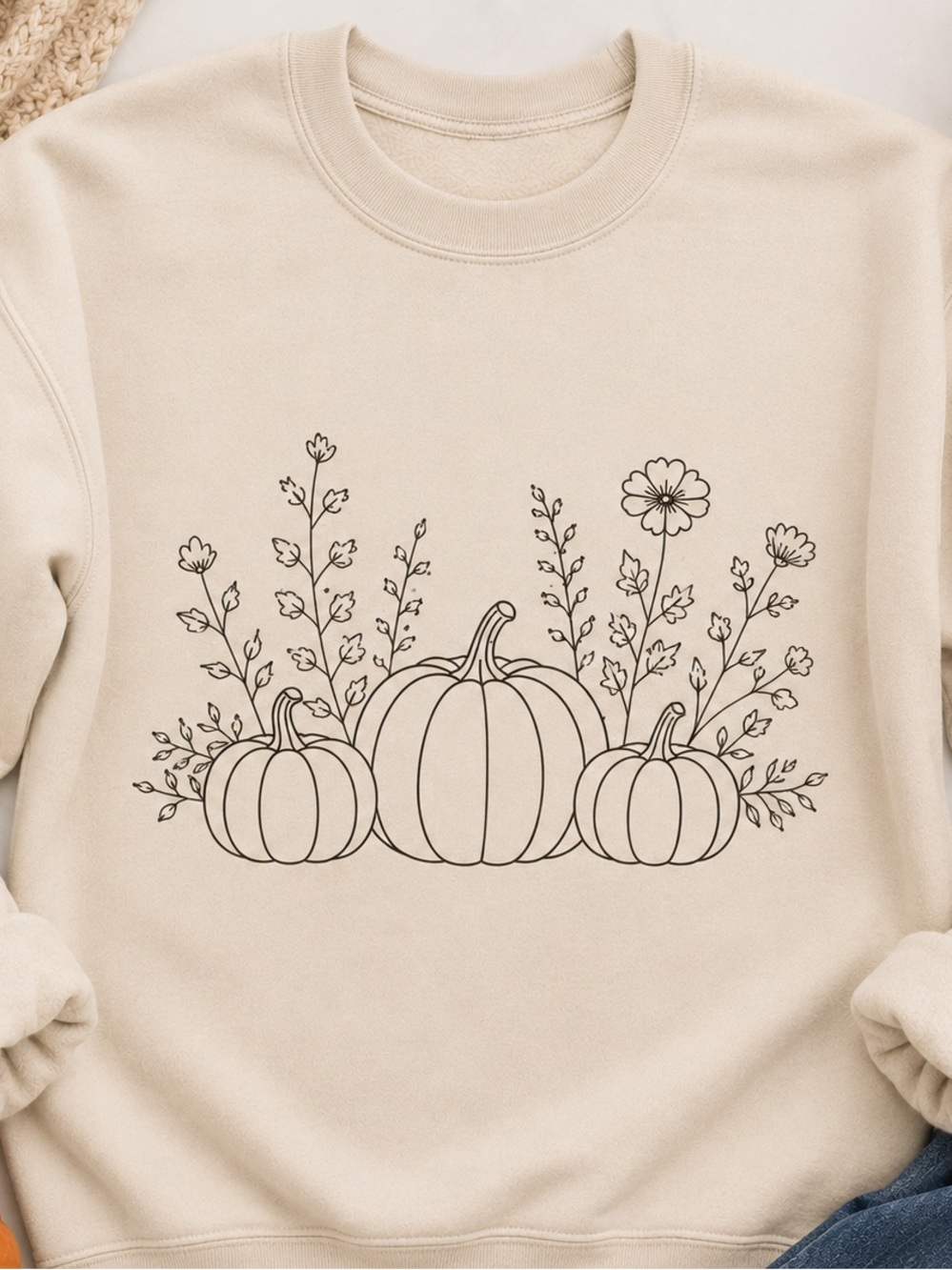 Bella Canvas Cream Crewneck Sweatshirt with Fall Pumpkin Floral Line Art